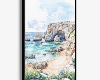 Algarve Portugal Canvas Print: Coastal Watercolor Landscape Wall Art