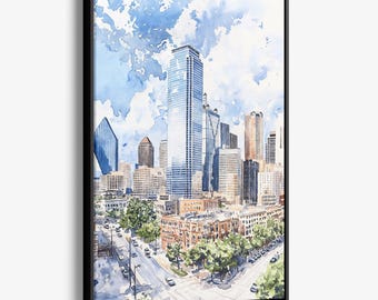 Dallas Texas Canvas Print: Watercolor Cityscape Wall Art