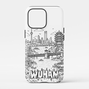Wuhan Phone Case with Yellow Crane Tower and Yangtze Bridge, Line Art
