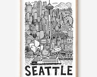 Seattle Pencil-Style Printable Art: City Skyline Digital Download