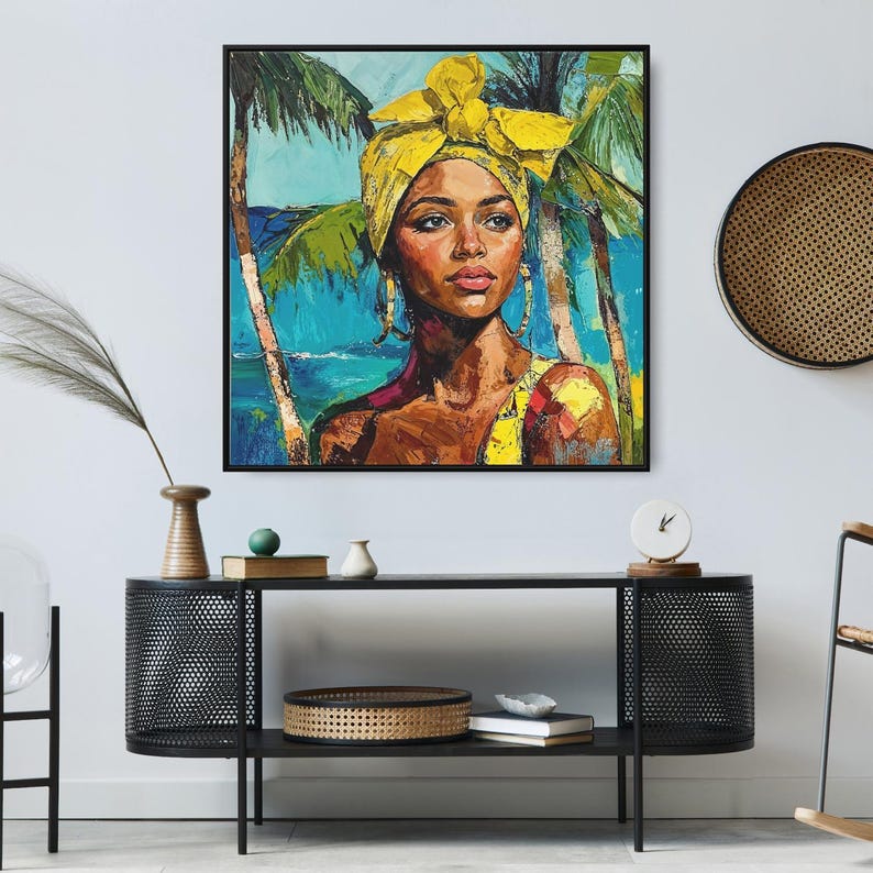 Jamaica Canvas Wall Art, Jamaican Woman Wall Art, Large Canvas Print, Square Canvas Wall Art, Tropical Wall Art, Tropical Beach Painting image 3
