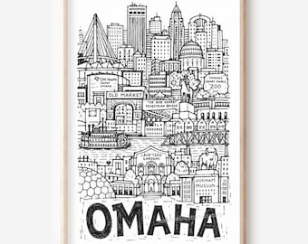 Omaha City Skyline Printable Wall Art: Pencil Style Digital Download
