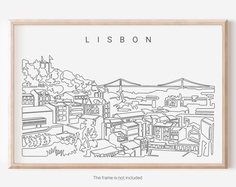 May include: A line drawing of the Lisbon skyline, featuring buildings, bridges, and trees. The word "LISBON" is written in all caps at the top of the image.