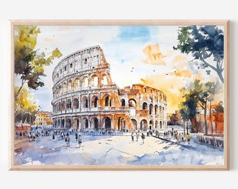 Muurdecoratie van het Colosseum in Rome: digitale download in aquarelstijl voor je interieur.