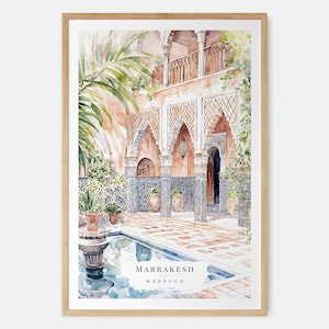Stampa artistica ad acquerello di Marrakech - Arte murale del cortile marocchino - Regalo di viaggio in Marocco - Regalo di trasloco - Regalo per una nuova casa - Regalo di inaugurazione della casa