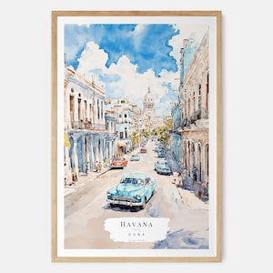 Havana Watercolor Art, Cuba Vintage Car Print, Cuba Wall Decor, Travel Gift, Caribbean Art, Vacation Home Decor, Gift for Travelers