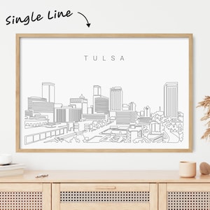 Framed Tulsa Skyline Art Print - Tulsa Oklahoma Poster with Cityscape as Single Line Art - Great Wall Decor Gift for New Home