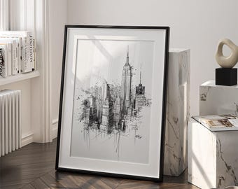 エンパイア・ステート・ビルの壁アート：鉛筆画のデジタルダウンロード