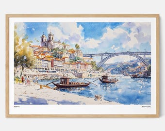 Porto Portugal Watercolor Art Print: Scenic River Landscape Wall Decor