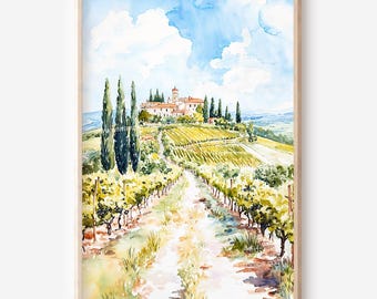 Könnte beinhalten: Aquarellmalerei einer toskanischen Landschaft mit Weinbergen, Zypressen und einer Villa unter blauem Himmel mit Wolken. Das Kunstwerk ist in einem hellen Holzrahmen gerahmt und vermittelt ein Gefühl von Ruhe und der Schönheit der italienischen Landschaft.