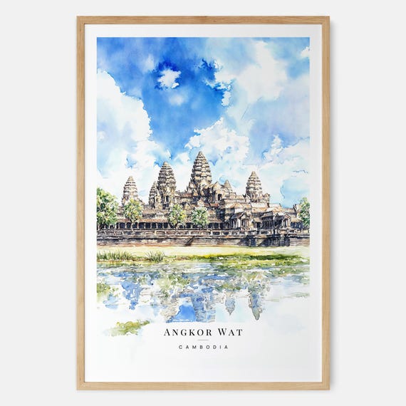 アンコールワット水彩画プリント - カンボジア壁掛けアート 