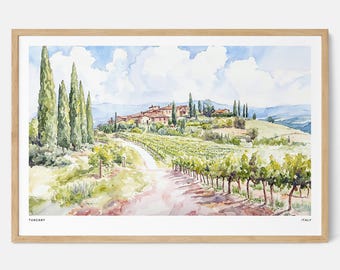 Tuscany Watercolor Art Print: Charming Italian Vineyard Landscape Wall Art