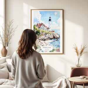 Portland Maine Art Print, Watercolor Lighthouse Art, Coastal Wall Decor, Gift for Travelers, Maine Home Decor, Beach House Print image 4