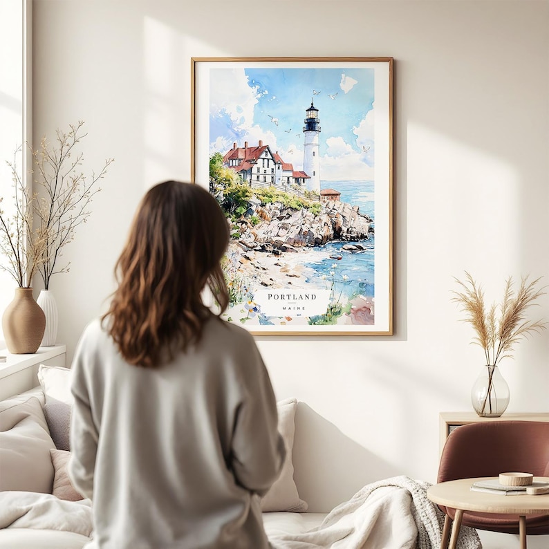 Portland Maine Art Print, Watercolor Lighthouse Art, Coastal Wall Decor, Gift for Travelers, Maine Home Decor, Beach House Print image 4