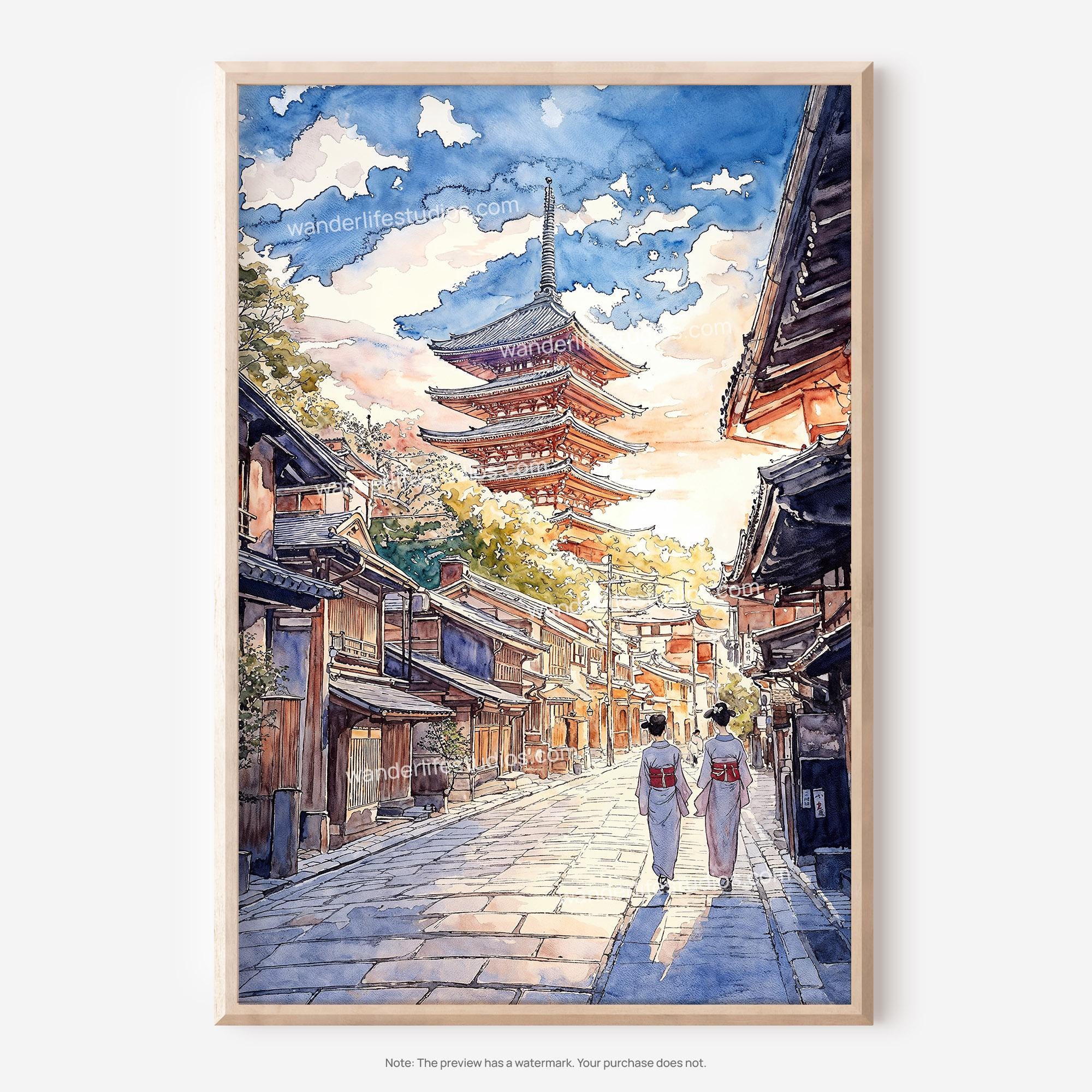 [美品] 五重塔 絵画風景画 アート 京都 京都の五重塔の壁画：伝統的な水彩画の風景をデジタルダウンロードで