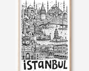Istanbul Pencil-Style Printable Wall Art: Maiden's Tower, Mosque Domes and Tram Digital Download