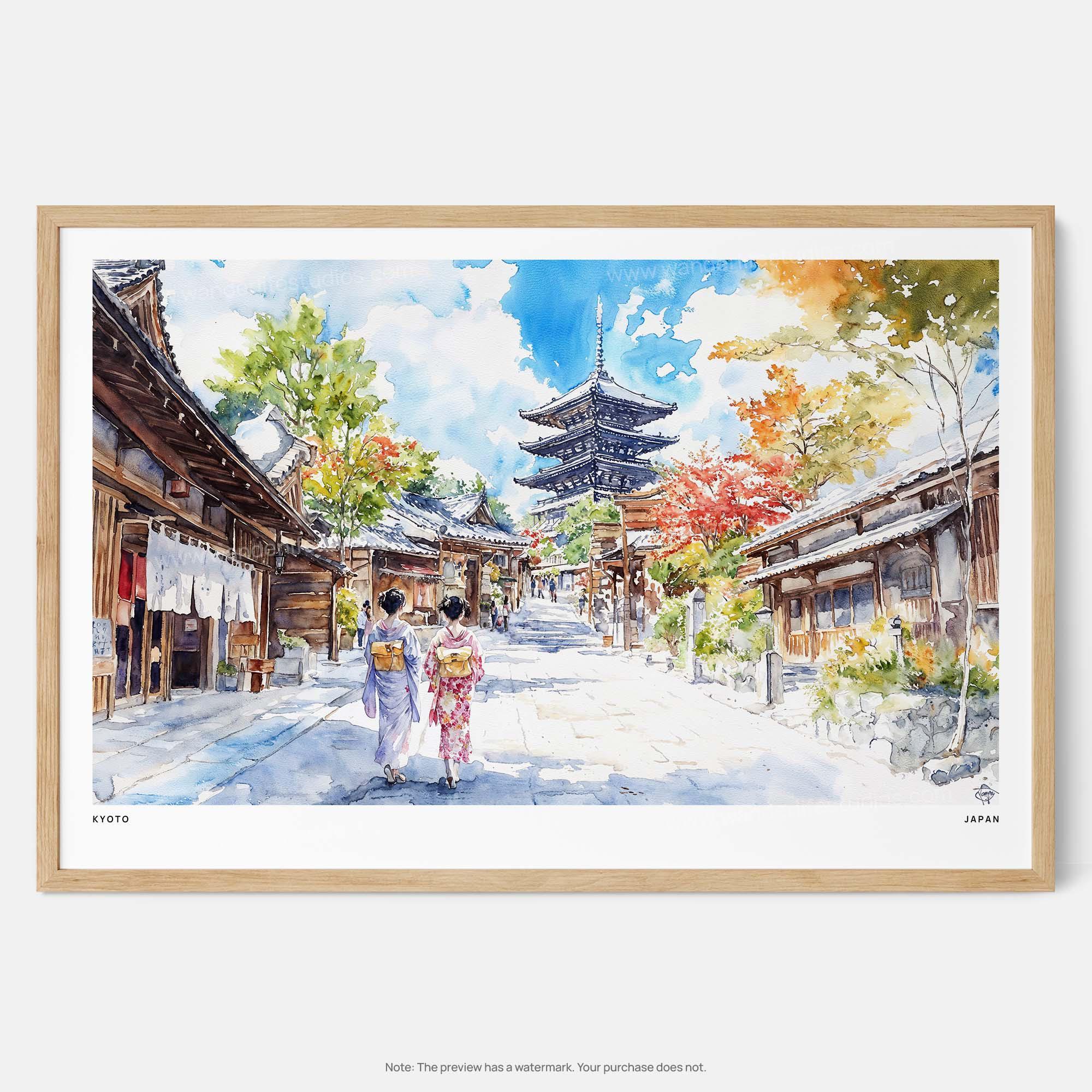 京都のアートプリント：伝統的な家々が立ち並ぶ水彩画の街並み - Etsy 日本