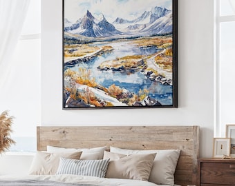 Gates of the Arctic National Park Canvas Print: Winter Landscape Square Artwork in Watercolor Style