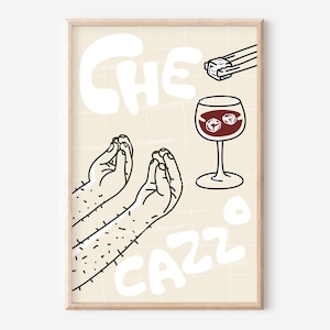 Könnte beinhalten: Gerahmter Kunstdruck mit beigem Hintergrund und Cartoon-Illustration. Die Illustration zeigt zwei gestikulierende Hände, ein Weinglas mit Eiswürfeln und die Worte "CHE CAZZO" in Weiß. Ein Essstäbchen-Paar hält einen Würfel.