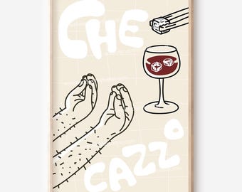 Włoski gest dłoni, plakat z zabawnym winem, mem „Che Cazzo”, grafika ścienna, pobieranie cyfrowe