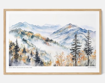 Great Smoky Mountains National Park Watercolor Art Print: Scenic Natural Landscape Wall Art