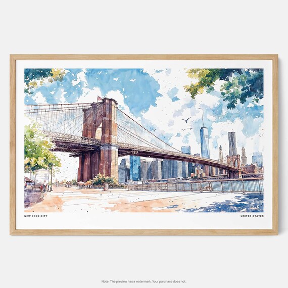 Brooklyn Bridge Art Print: NYC Watercolor Skyline Wall Decor