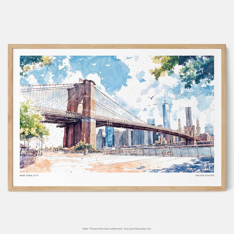 Brooklyn Bridge Art Print: NYC Watercolor Skyline Wall Decor image 1