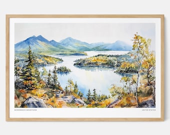 May include: Watercolor painting of the Adirondack Mountains in the United States. The artwork depicts a serene lake surrounded by lush green and yellow trees, with blue mountains in the background. The painting is framed in a light wood frame.