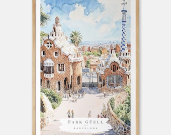 Park Guell Barcelona Watercolor Art Print - Barcelona Wall Art - Spain Travel Print - Travel Gift - Moving Gift - New Home Gift