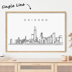 Arte murale incorniciata di Chicago - Stampa artistica di Chicago con cornice come regalo di inaugurazione della casa - Disegno lineare incorniciato con skyline di Chicago per la nuova casa