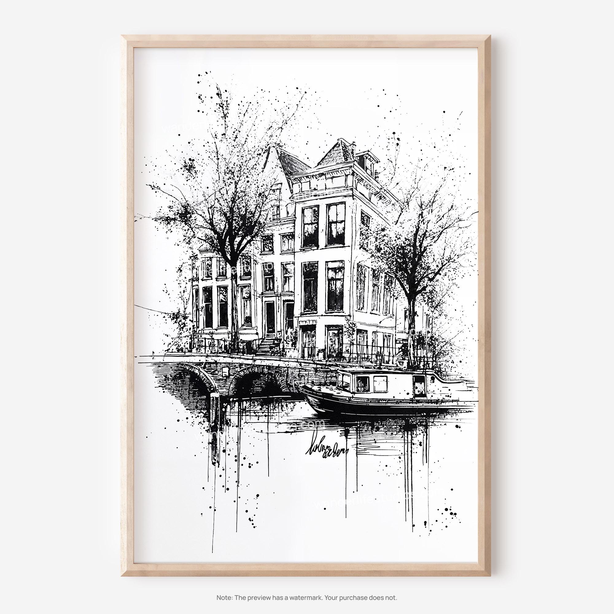 Amsterdam Digital Download Wall Art: Pencil Drawing of Iconic