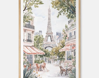 Eiffel Tower Watercolor Art Print: Cozy Paris Cafe Scene Wall Decor