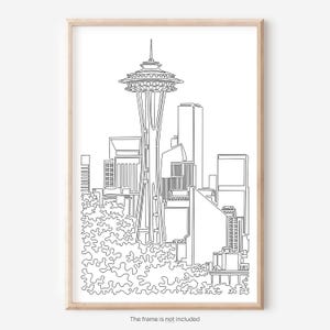 Seattle WA Art Print - Seattle Skyline Wall Art with Space Needle One Line Drawing - Unique Wall Decor Gift for New Home