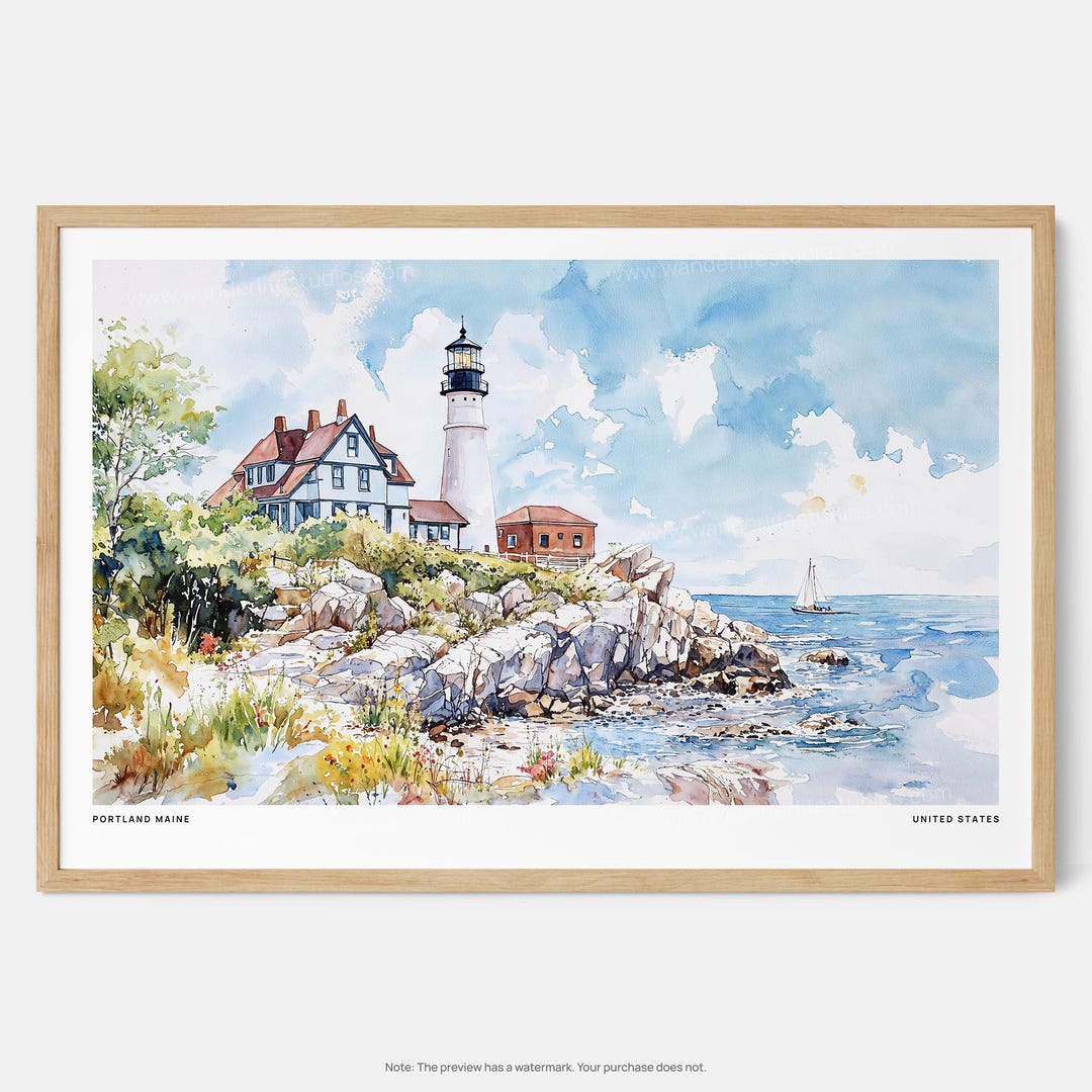 Portland Maine Lighthouse Watercolor Art Print: Coastal Landscape Wall ...
