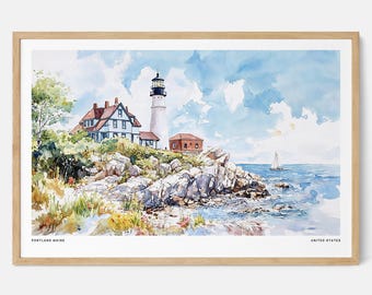 Portland Maine Lighthouse Watercolor Art Print: Coastal Landscape Wall Art