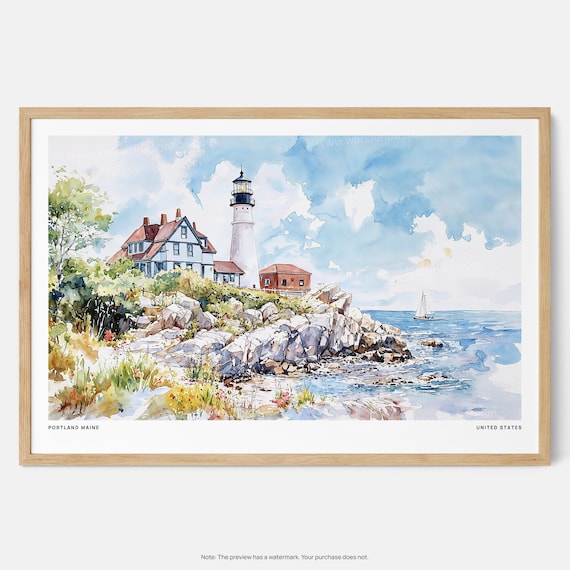 Portland Maine Lighthouse Watercolor Art Print: Coastal Landscape Wall Art