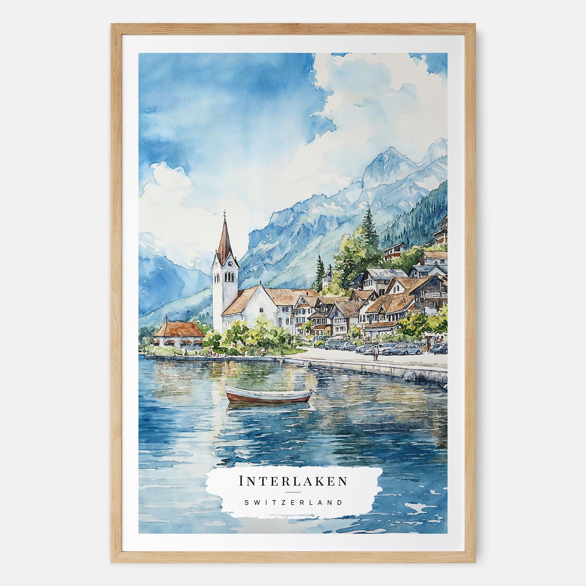 Interlaken Watercolor Art Print - Swiss Lakeside Wall Art - Switzerland Travel Print - Travel Gift - Moving Gift - New Home Gift