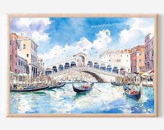 Venice Rialto Bridge Wall Art: Watercolor Style Digital Download