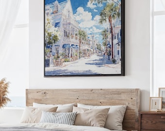 Key West Duval Street Square Canvas Print: Watercolor Art of Coastal Charm