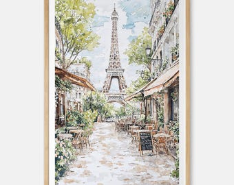 Eiffel Tower Watercolor Art Print: Paris Cafe Street Scene Wall Decor