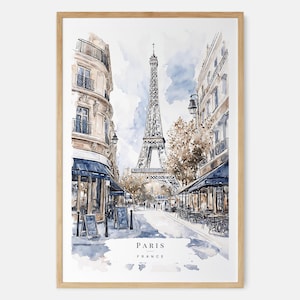 Paris Watercolor Painting Art Print - France Travel Print with Paris Cafes and Eiffel Tower - Travel Gift - Moving Gift - New Home Gift