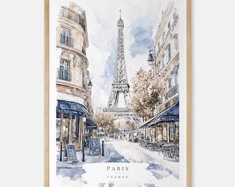 Paris Watercolor Painting Art Print - France Travel Print with Paris Cafes and Eiffel Tower - Travel Gift - Moving Gift - New Home Gift
