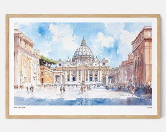 Impression d'art aquarelle de la Cité du Vatican : art mural emblématique de l'architecture italienne