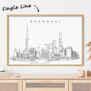 Framed Shanghai Skyline Wall Art - Shanghai China Art Print - Shanghai Poster with One Line Drawing - China Wall Decor Gift