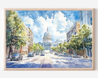 Madison Cityscape Wall Art: Watercolor Digital Download for Instant Print