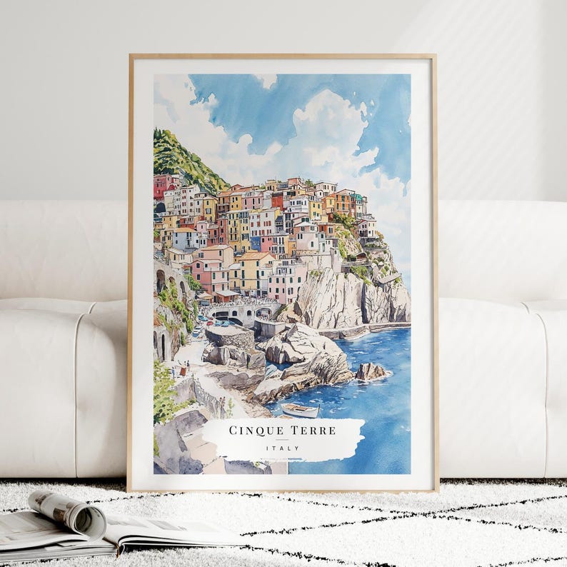 Lámina artística en acuarela de Manarola Cinque Terre - Arte mural de Italia - Regalo de viaje a Italia - Regalo de mudanza - Regalo para un nuevo hogar - Regalo de inauguración de casa imagen 2