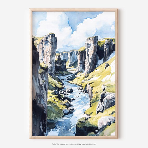 Fjadrargljufur Canyonの水彩画ウォールアート：デジタルダウンロード