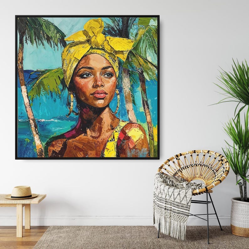 Jamaica Canvas Wall Art, Jamaican Woman Wall Art, Large Canvas Print, Square Canvas Wall Art, Tropical Wall Art, Tropical Beach Painting image 6