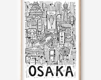 Osaka Pencil-Style Printable Wall Art: Tsutenkaku Tower, Clown Figure and Canal Boat Digital Download