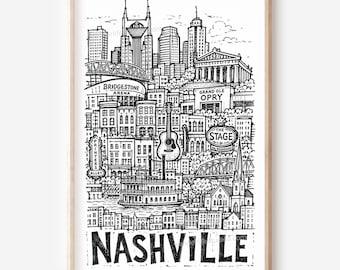 Paysage urbain de Nashville : Illustration murale imprimable style crayon à télécharger